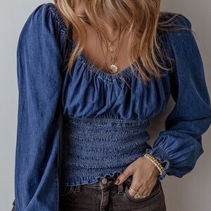 B178 Dark Blue Smocked Ruffled Puff Sleeve V Neck Denim Blouse